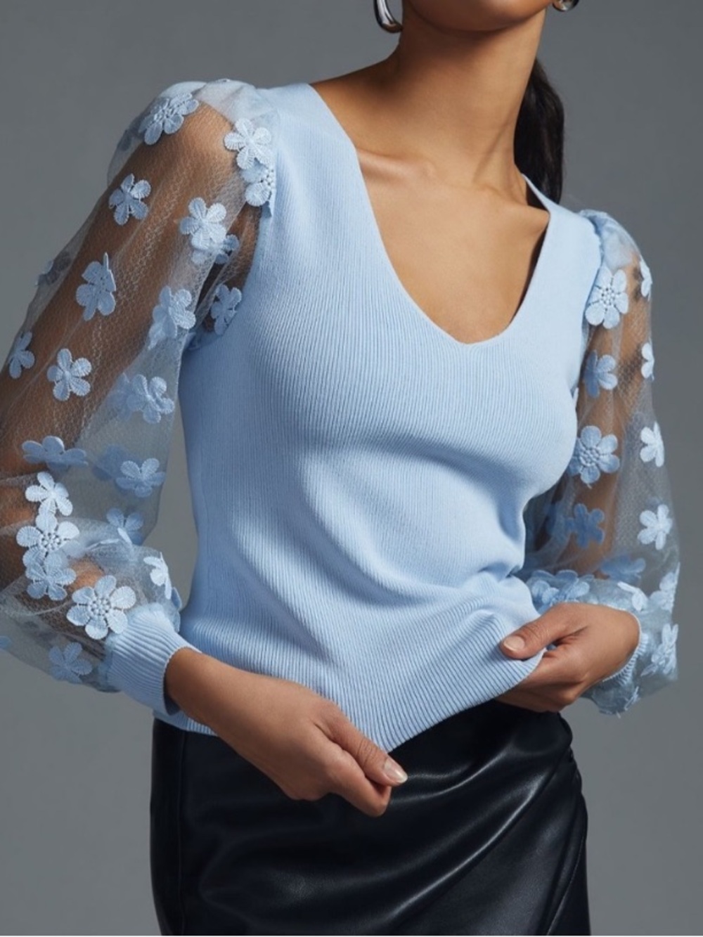 Anthropologie Dolan Sheer Sleeve Applique Sweater Light Blue Knit V-Neck Medium